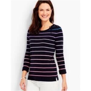 Talbots Navy Ombré Rainbow Stripe Crewneck Sweater Size M Lace-Up Shoulder
